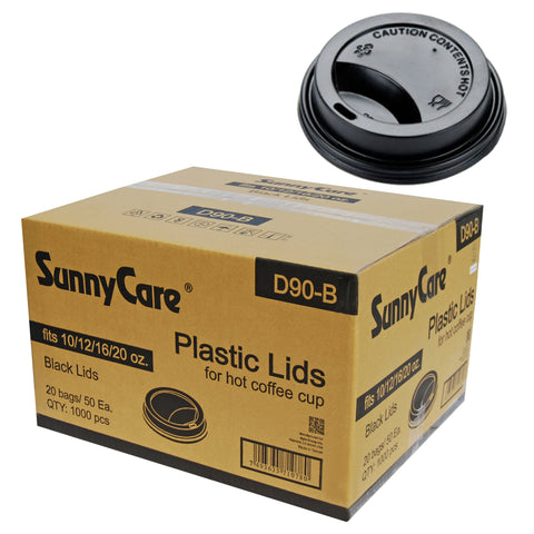 SunnyCare D90-B Black Plastic Lids for Hot Coffee Cups, Fits 10/12/16/20 oz, 1000 Count
