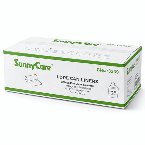 SunnyCare CLEAR3339 Low Density Can Liners, 33 Gallon, 2.0 Mil, 33″ × 39″, Clear, 100 Bags/Case
