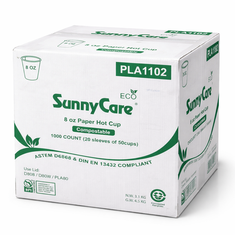 PLA1102 Compostable 8oz PLA Paper Hot Cup White (20 sleeves of 50 cups) 1000Count