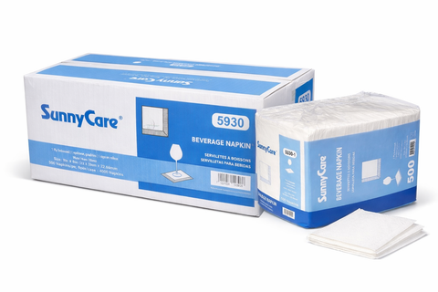 SunnyCare 5930 1-Ply White Beverage Napkins, 9" x 9", 4000 Napkins/Case