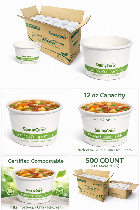 SunnyCare FC-PLA12W 12 oz Paper Soup Container, Compostable, White, 500 Count