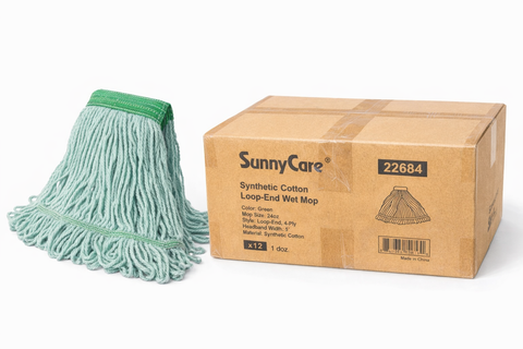 SunnyCare 22684 Synthetic Cotton Loop-End Wet Mop, Green, 24oz, 4-Ply, 5" Headband, Pack of 12