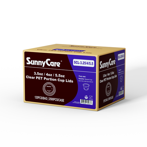 SunnyCare SCL-3.25/4/5.5 3.5oz/4oz/5.5oz Clear PET Portion Cup Lids – 125/Bag, 2500/Case