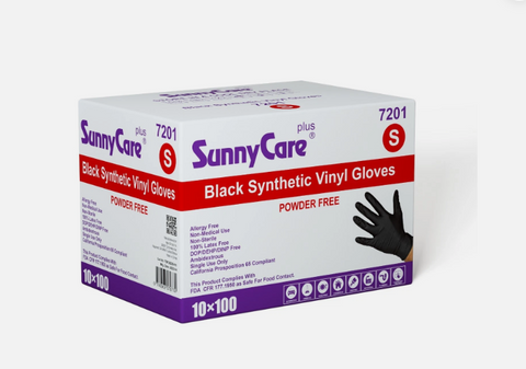 SunnyCare #7201 Black Vinyl Synthetic Exam Gloves Nitrile Latex S Powder Free 1000 Count