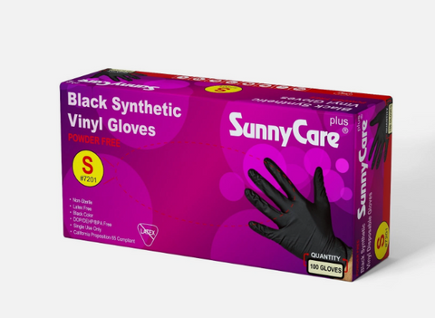 SunnyCare #7201 Black Vinyl Synthetic Exam Gloves Nitrile Latex S Powder Free 100 Count