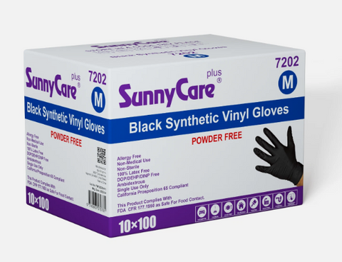 SunnyCare #7202 Black Vinyl Synthetic Exam Gloves Nitrile Latex M Powder Free 1000 Count