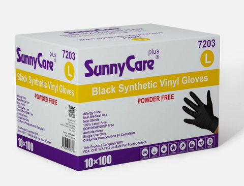 SunnyCare #7203 Black Vinyl Synthetic Exam Gloves Nitrile Latex L Powder Free 1000 Count