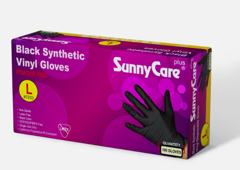 SunnyCare #7203 Black Vinyl Synthetic Exam Gloves Nitrile Latex L Powder Free 100 Count