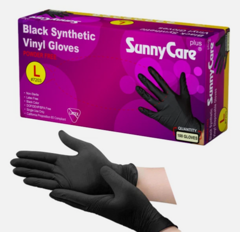 SunnyCare #7203 Black Vinyl Synthetic Exam Gloves Nitrile Latex L Powder Free 100 Count