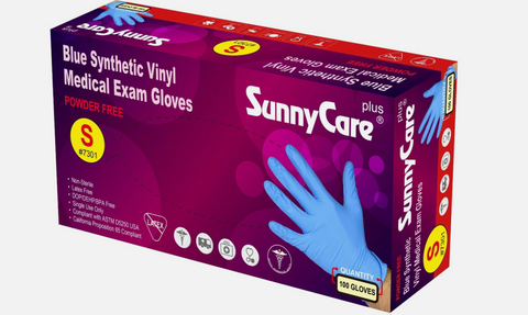 SunnyCare #7301 Blue Vinyl Synthetic Exam Gloves Nitrile Latex S Powder Free 100 Count