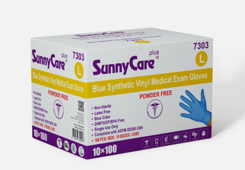 SunnyCare #7303 Blue Vinyl Synthetic Exam Gloves Nitrile Latex L Powder Free 1000 Count