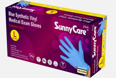 SunnyCare #7303 Blue Vinyl Synthetic Exam Gloves Nitrile Latex L Powder Free 100 Count