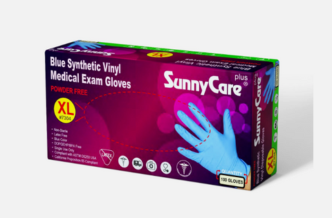 SunnyCare #7304 Blue Vinyl Synthetic Exam Gloves Nitrile Latex XL Powder Free 100 Count