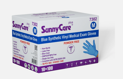 SunnyCare #7304 Blue Vinyl Synthetic Exam Gloves Nitrile Latex XL Powder Free 1000 Count