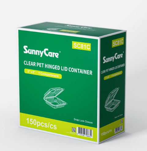 SunnyCare SC81C 8" x 8" Clear PET Hinged Lid Container (1-Compartment) – 150pcs/cs