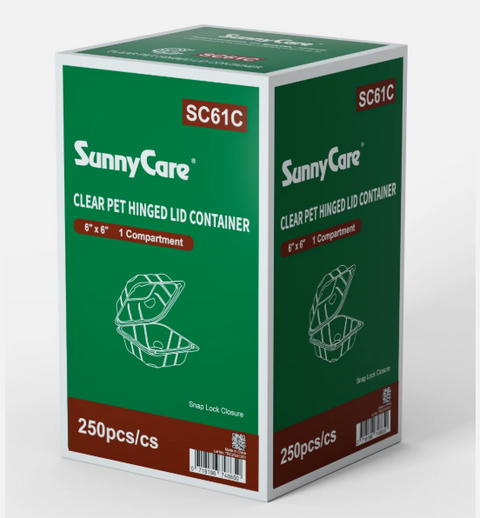 SunnyCare SC61C 6" x 6" Clear PET Hinged Lid Container (1-Compartment) – 250pcs/cs