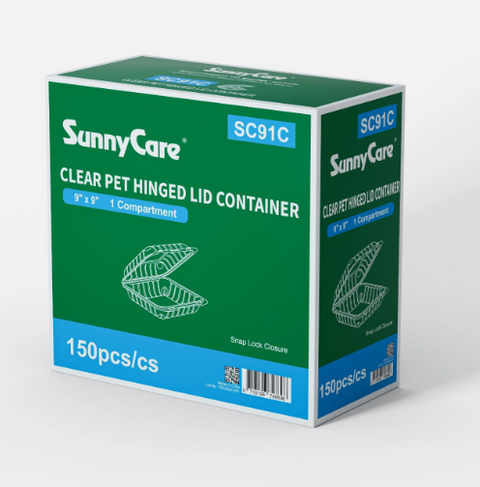 SunnyCare SC91C 9" x 9" Clear PET Hinged Lid Container (1-Compartment) – 150pcs/cs