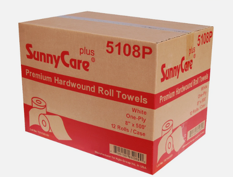 SunnyCare Plus 5108P Premium Hardwound Roll Towels – White, One-Ply, 12 Rolls/Case