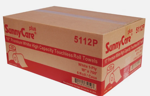 SunnyCare 5112P Premium White High Capacity Touchless Roll Towels, White 1-Ply, 10" x 700', 6 Rolls/Case