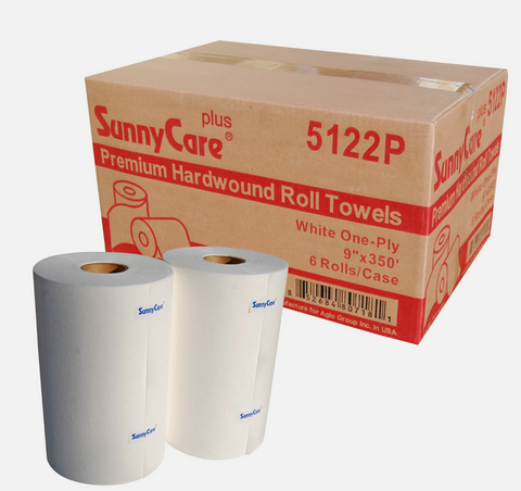 SunnyCare Plus 5122P Premium Hardwound Roll Towels, White 1-Ply, 9" x 350', 6 Rolls/Case