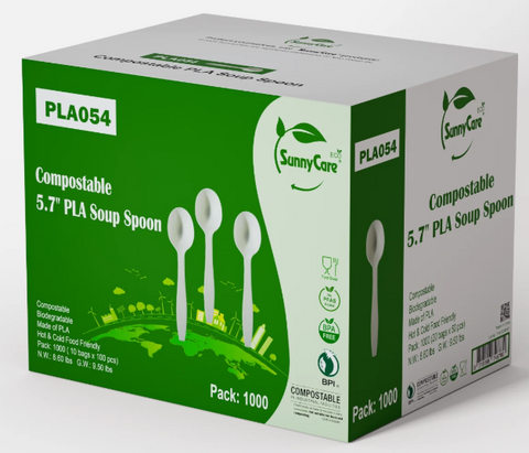 SunnyCare PLA054 Compostable 5.7" PLA Soup Spoons, 1000 Count