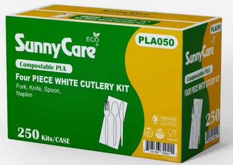SunnyCare PLA050 Eco Compostable PLA Cutlery Kit, 4-Piece (Fork, Knife, Spoon & Napkin), BPA-Free, Plant-Based, 250 Kits/Case