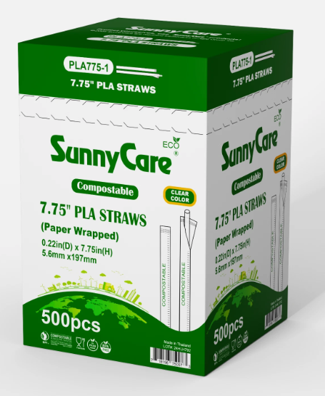 SunnyCare PLA775-1 Eco Compostable PLA Straws, 7.75″ Clear, Paper-Wrapped, BPA-Free, Plant-Based, 500 Straws/Box