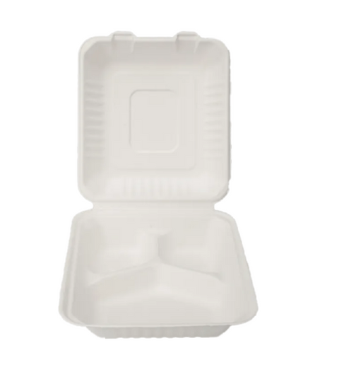 BC83 Compostable 8''x 8'' Bagasse Container 3 Compartment Sugarcane 200 Count