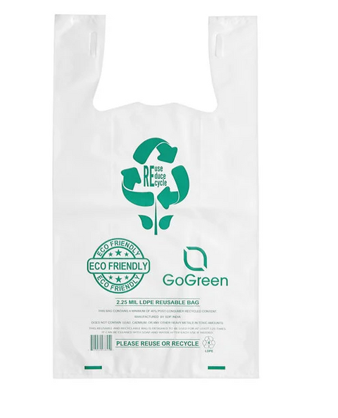 RB13722 Heavy Duty Reusable T-Shirt Bag Plastic White 13''Hx7''Wx22''D 2.25Mil 200Count