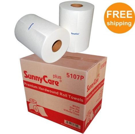 SunnyCare 5107P White Premium TAD 8"W x 300'L Hardwound Roll Towels 1-Ply 12 rolls/Case