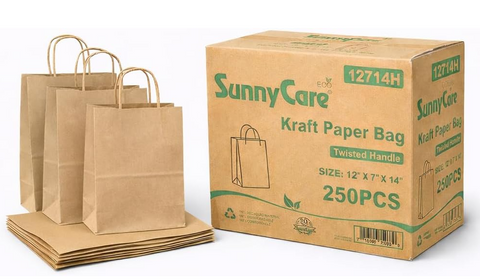 SunnyCare 12714H Kraft Paper Bag with Twisted Handle, Brown, 12" x 7" x 14", 250 Pieces