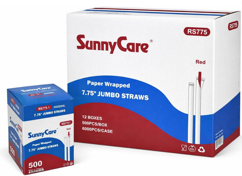 SunnyCare RS775 Paper Wrapped Jumbo Straws, Red, 7.75 Inch, 6000 Count, 12 Boxes of 500