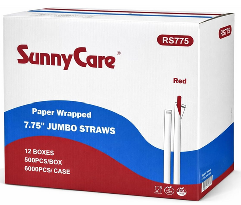 SunnyCare RS775 Paper Wrapped Jumbo Straws, Red, 7.75 Inch, 6000 Count, 12 Boxes of 500