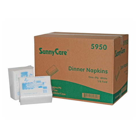 SunnyCare 5950 One-Ply White Dinner Napkins, 1/8 Fold, 3000 Napkins/Case