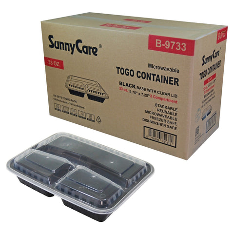 SunnyCare B-9733 33oz 3-Compartment To-Go Container (Black Base + Clear Lid) – 150 Sets/Case